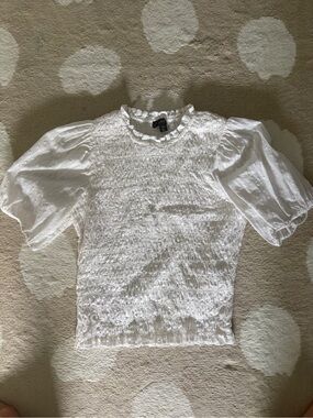 J. Crew White Smocked Puff-Sleeve Blouse